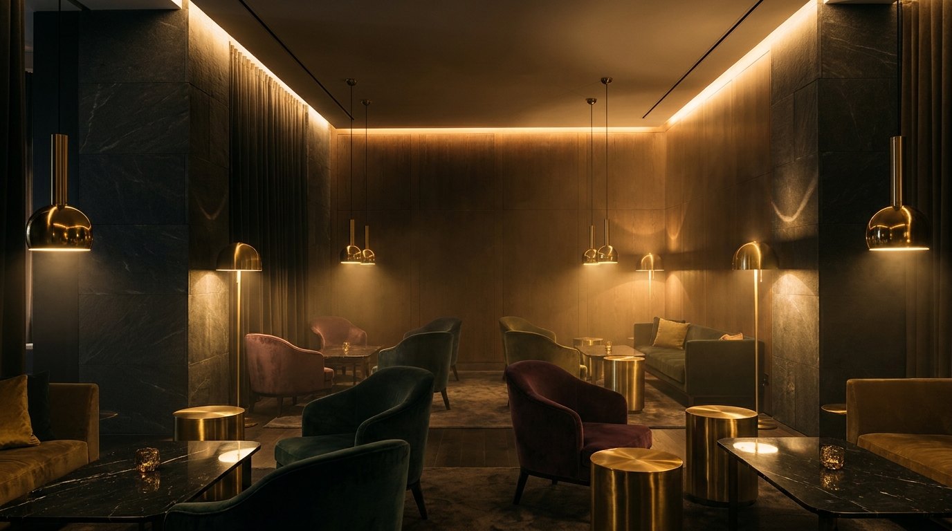 Warm hospitality lounge illuminated by sculptural brass pendant and floor lighting