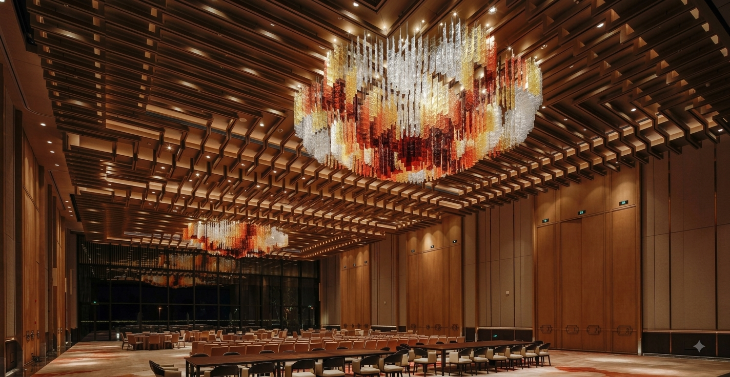 Hospitality lounge with warm layered lighting