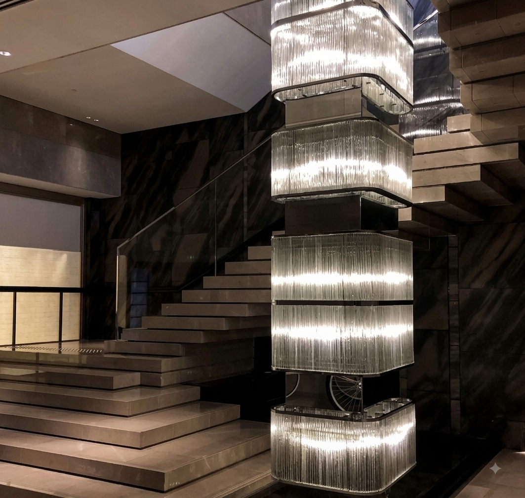 Illuminated hotel facade at night
