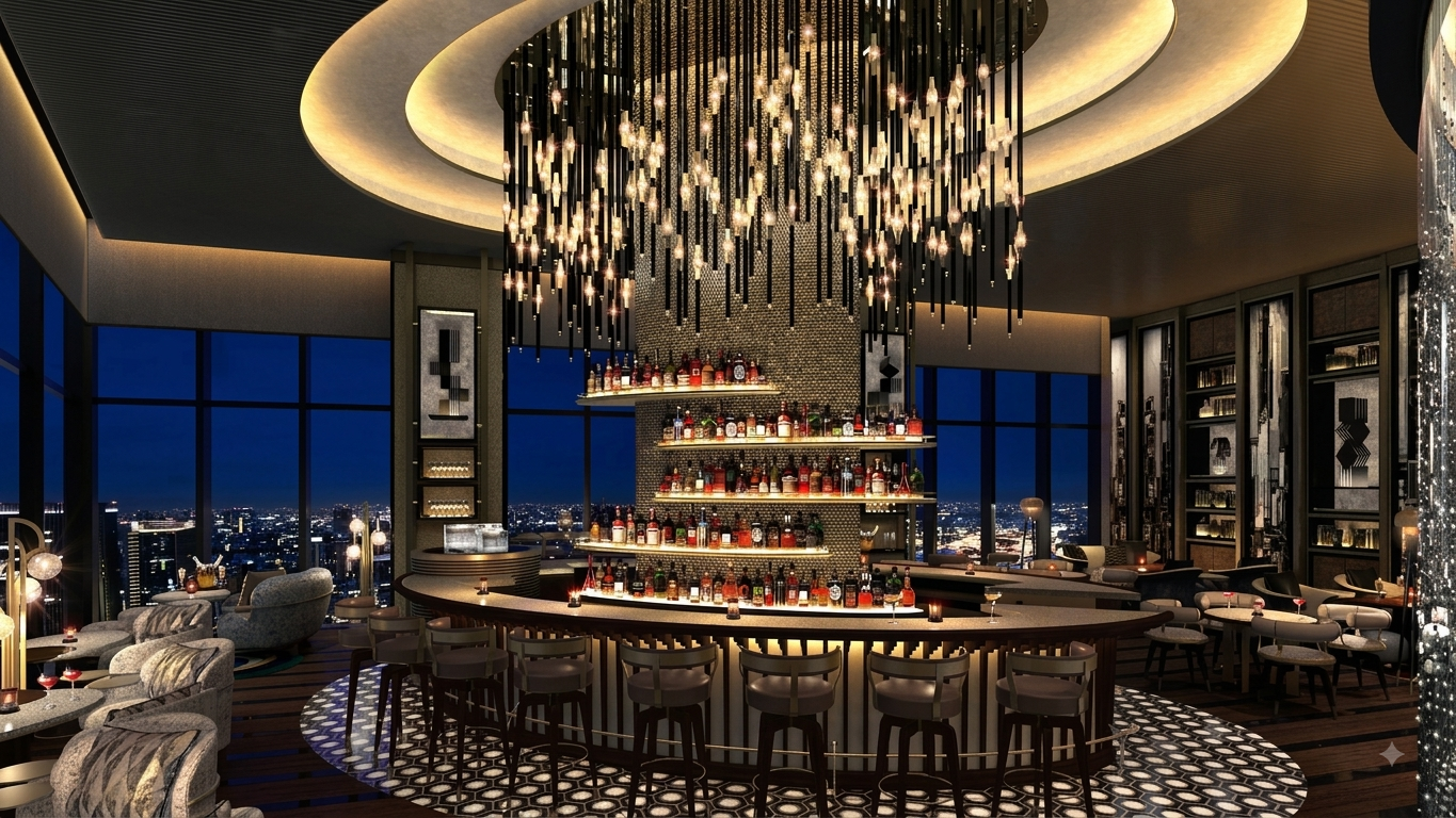 Rooftop bar with circular starfield ceiling feature