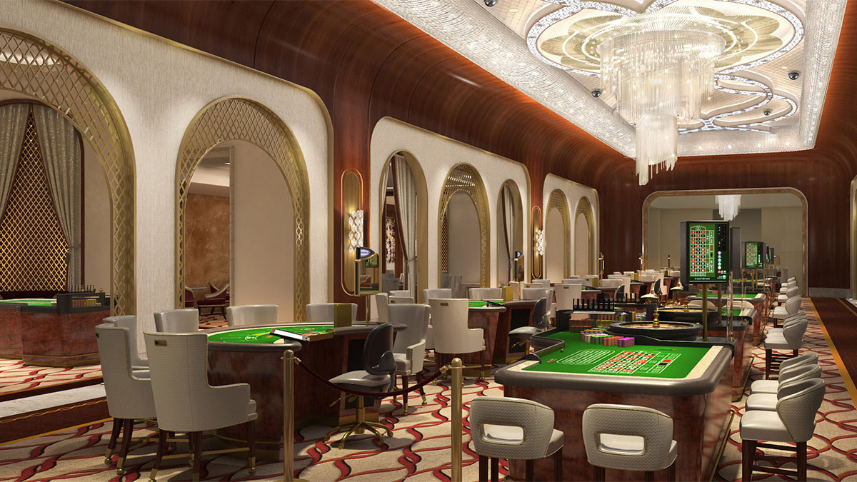 Luxury casino lounge with crystal ceiling chandelier and arched alcoves