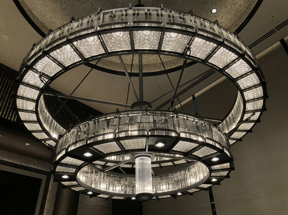 Tiered circular chandelier with illuminated crystal panels