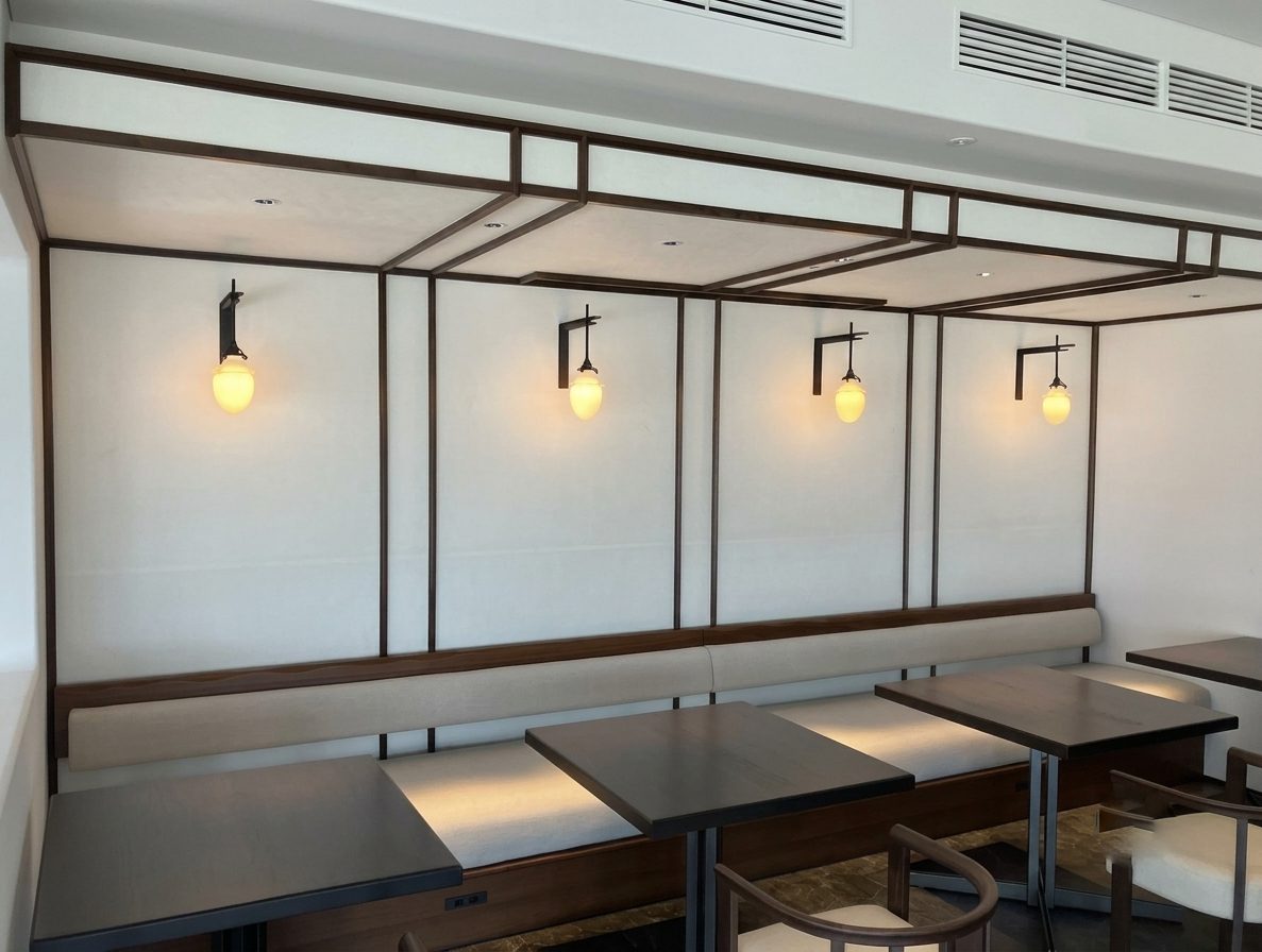 Minimalist wooden ceiling grid with globe wall sconces over dining booths